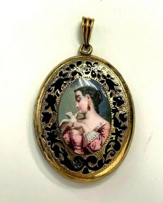 Antique Victorian Painted Enamel Lady And Bird 14k Gold Locket Pendant