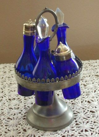 Vintage Antique 5 Piece Cruet Castor Set Blue Orignal Glass