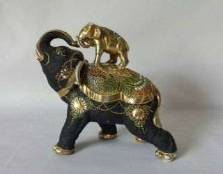 Vintage Japanese Gilded Moriage Satsuma Elephant w Raised Trunk & Baby 6.  5 