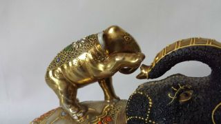 Vintage Japanese Gilded Moriage Satsuma Elephant w Raised Trunk & Baby 6.  5 