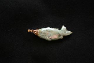 14k Gold And Jade Carved Fish Pendant Charm