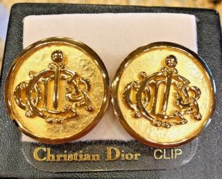 Nwt Christian Dior Monogram Logo Clip On Vintage Crest Chunky Big Earrings