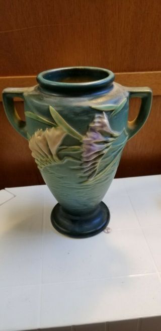 Vintage Roseville 121 - 8 " Green Double Handled Freesia Vase 2 Color Flwrs