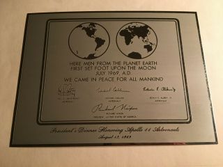 Very Rare Apollo 11 Lunar Plaque - President Nixon Dinner On 8/13/69