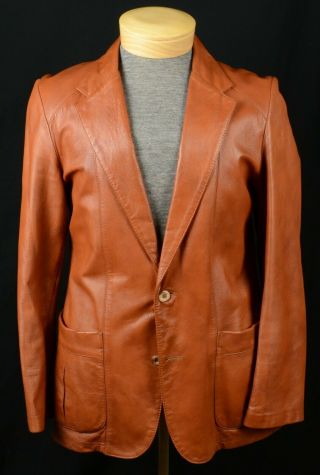 Remy Mens Vintage Leather Jacket Size 40 Medium Cognac Brown 2 Button Blazer Usa