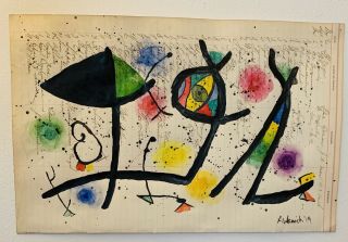 Modern Art Painting On Vintage Ledger Paper,  Inspired By Miro.  11.  25x 17.  25”.