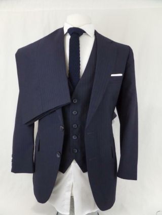 Vintage 3pc Suit Navy Blue Pinstripe 40s 34x30 Wool