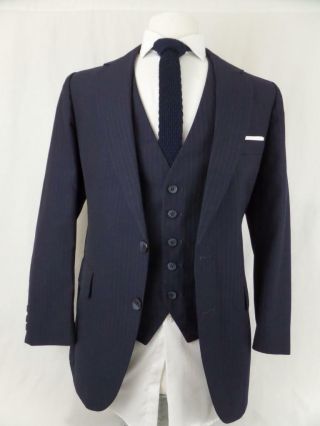 Vintage 3Pc Suit Navy Blue Pinstripe 40S 34x30 Wool 3