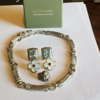 Vintage Judith Ripka Silver 925 Mop Blue Red Earrings Flower Bug Brooch Necklace