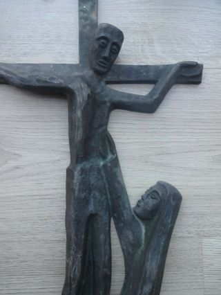 Romanesque Hugh Vtg German Bronze Crucifix Jesus & Mary Great,  Sacred Art Work