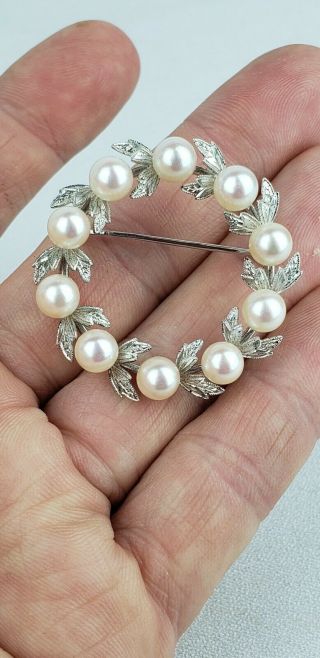 Vintage Mikimoto Sterling Silver Pearl Wreath Brooch Pin Signed