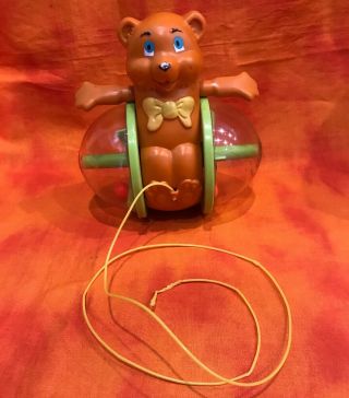 Vintage 1978 Fisher Price Bob - A - Long Brown Bear Plastic Pull Toy