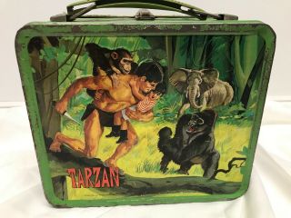 RARE Vtg.  1966 Tarzan Metal Lunch Box With Matching Steel /Glass Thermos 2