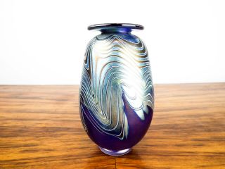 Vintage 1980s Blue Iridescent Decorative Art Glass Vase Favrile Style Signed Mir