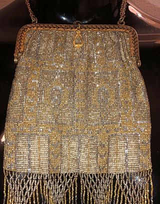 Antique Art Deco French Frame Micro Beaded Hand Bag France Fringe Purse