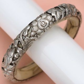 Vtg Antique Chinese Dragon Sterling Silver Inlaid Wide Bangle Bracelet