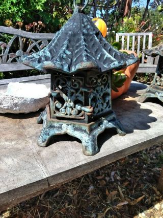 2 heavy Vintage matching Cast Iron Pagoda style Lanterns 5