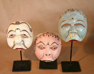 3 Antique Wood Hand - Carved & Painted Javanese Dance Masks On Iron Museum Mounts