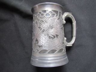 Antique Swatow Chinese Pierced Pewter & Glass Dragon Tankard Or Mug