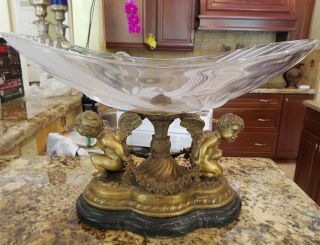 20th C Bronze Angel Compote With Crystal Top On Marble Base Decorator Item