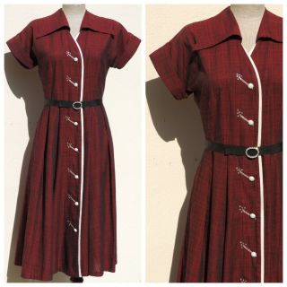 Vtg 1940s 50s Toni Todd Rhinestone Embellished Shirtdress Day Dress & Belt Med
