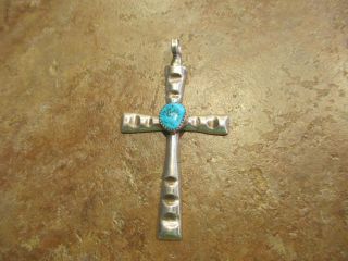 Vintage Native American Sterling Silver Kingman Turquoise Cross Pendant 3 1/8 "