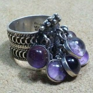 Vintage Taxco Mexico 925 Ring Sz8.  25 W 6 Amethyst Cab Dangles C Beckmann Style