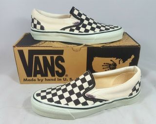 Vintage Vans Slip On Shoes Black And White Checker Made Usa 8 Nos Old Skool