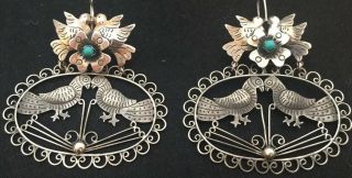 Large Vintage Style Mexican Sterling Silver Bird Parrots Frida Earrings