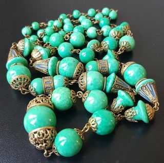 Vintage Art Deco Czech Neiger Peking Glass & Enamel Bead Necklace