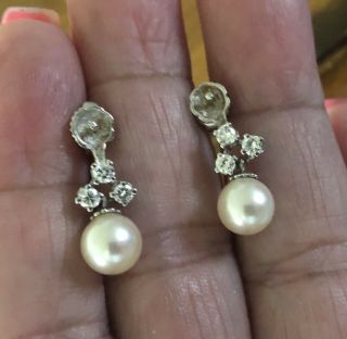 Vintage 14k White Gold Diamond Pearl Pierced Earrings Estate Item