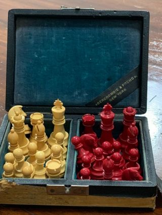 Vintage 40s Abercrombie And Fitch Chess Set In Leather Case Lined W Blue Velvet