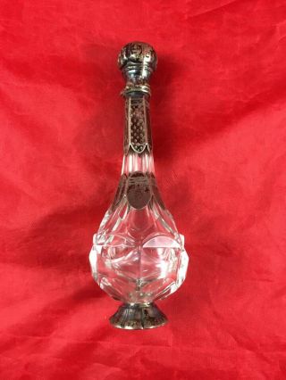 Antique French Silver Vermeil Cut Crystal Perfume Bottle With Hinged Cap 4 5/8 “