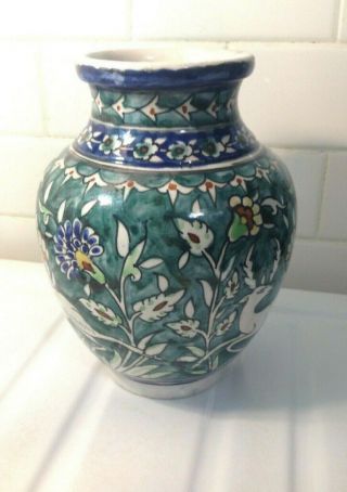 Exquisite Vintage Signed Jerusalem Iznik Handmade Gazelles Floral Vase 8 