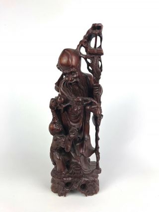 A Fine Chinese Vintage Carved Wood Figure Of Shou Lou - Inset Eyes & Teeth.