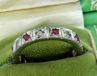 Vintage Palladium Art Deco Antique Ruby Diamond Eternity Wedding Band Ring