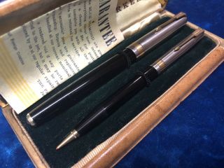 Vintage 1945 Parker 51 India Black Dj Fountain Pen & Pencil Set 14k Trim W/ Box