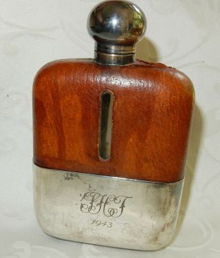 Fine 1943 Engraved Silver Epbm Leather & Glass Hip Flask - Heavy Vintage Example