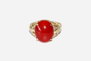 Vintage Chinese 14k Yellow Gold Ring Sz 6.  5 Set W.  Red Coral Cabochon (rig)