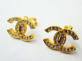 100 Auth Chanel Vintage Earring Rhinestone Cc Logo Coco Gold Plated Crystal