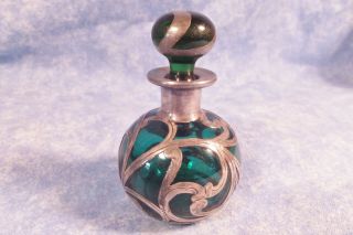 Antique Art Nouveau Heavy Sterling Silver Overlay Emerald Glass Perfume Bottle