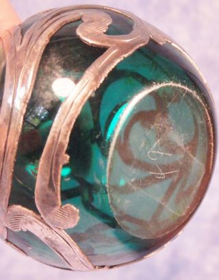 ANTIQUE ART NOUVEAU HEAVY STERLING SILVER OVERLAY EMERALD GLASS PERFUME BOTTLE 4