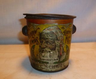 Vtg Antique Merry Christmas Santa Claus Tin Can Candy Pail - Happy Year