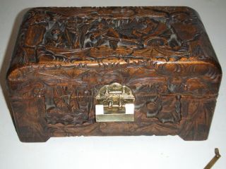 Vintage Chinese Camphor Wood Carved Chest And Lock & Key W/ Bats,  Ships,  Flowers