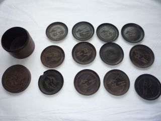 Antique/old Japanese Chinese Wooden Hand Carved 12 Cups Mat With Holder Box