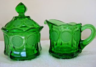 Vintage 1960s Fostoria Glass Emerald Green Coin Creamer And Sugar Bowl W/ Lid