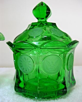 Vintage 1960s Fostoria Glass Emerald Green Coin Creamer and Sugar Bowl w/ Lid 2