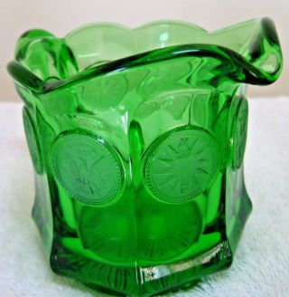 Vintage 1960s Fostoria Glass Emerald Green Coin Creamer and Sugar Bowl w/ Lid 3