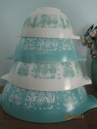 Vintage Pyrex Cinderella Mixing Bowls Butterprint Amish Blue White Set Of 4 Euc
