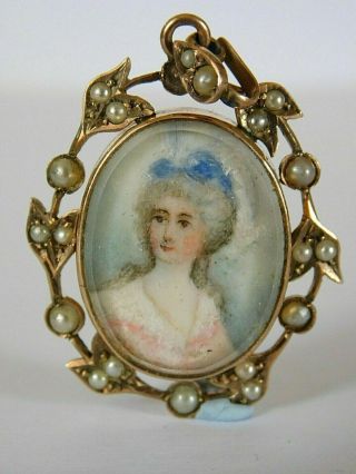 Antique Portrait Miniature 9ct Gold Pendant / Locket Pearl Set